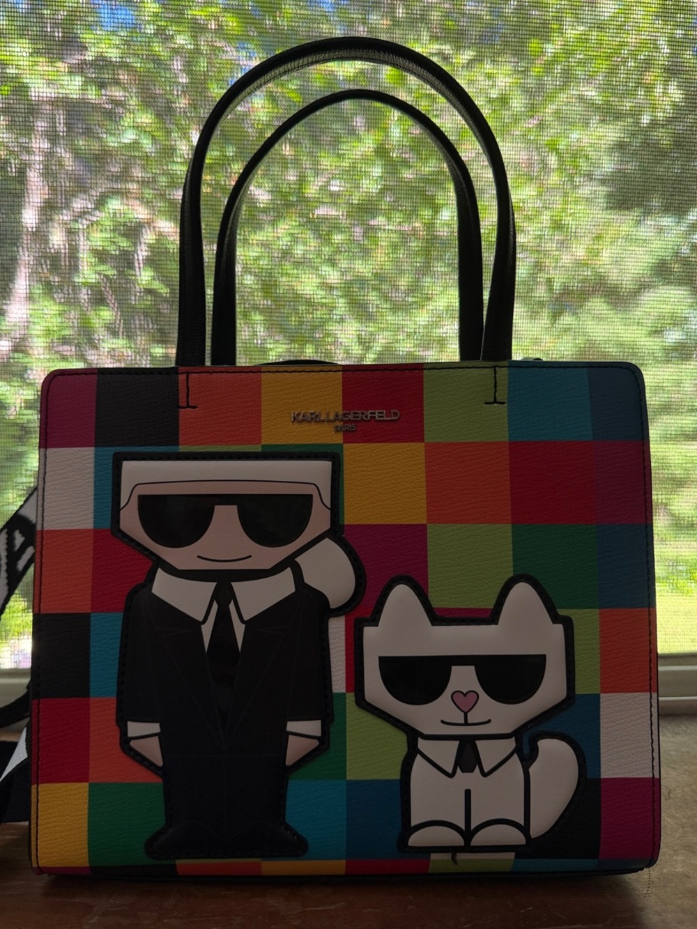 Karl Lagerfeld - Multicolor Check Tote with Cartoon Karl & Cat crossbody strap